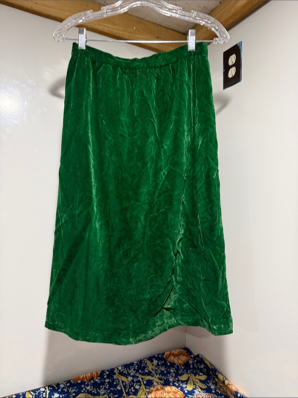 Vintage 1970s Handmade Emerald Green Velvet Skirt Midi 26" Waist Mod